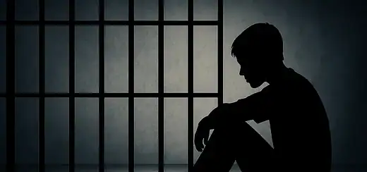 Lonely young person sitting alone in a prison cell, feeling isolated and emotional.