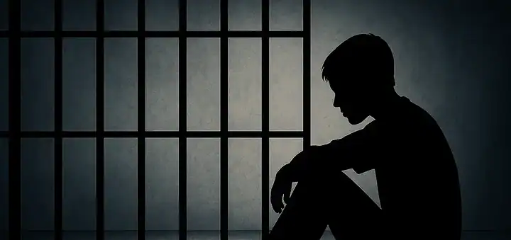 Lonely young person sitting alone in a prison cell, feeling isolated and emotional.